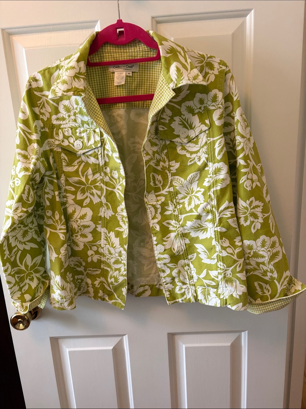 Coldwater Creek Lime Green & White Floral Jean Jacket